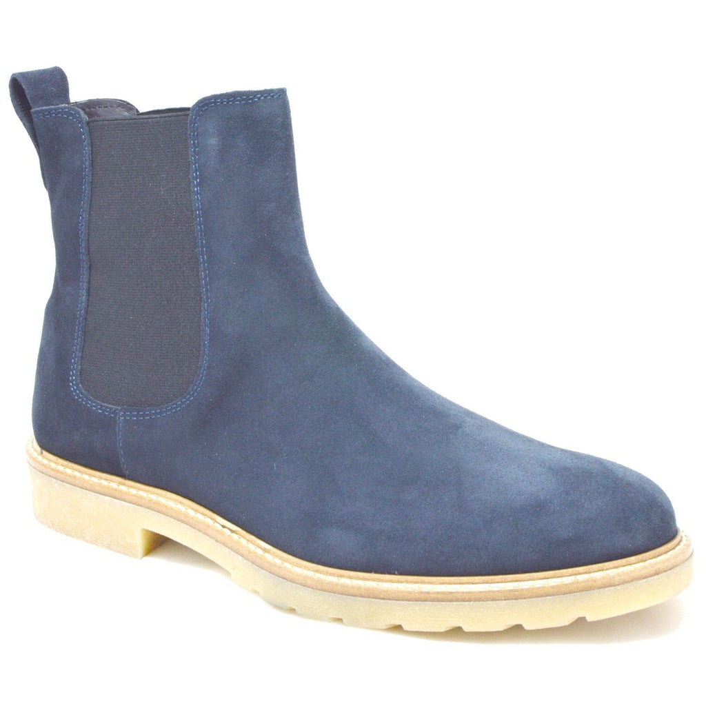 Siena, Italian Navy Suede Chelsea Boots with creme crepe rubber sole.