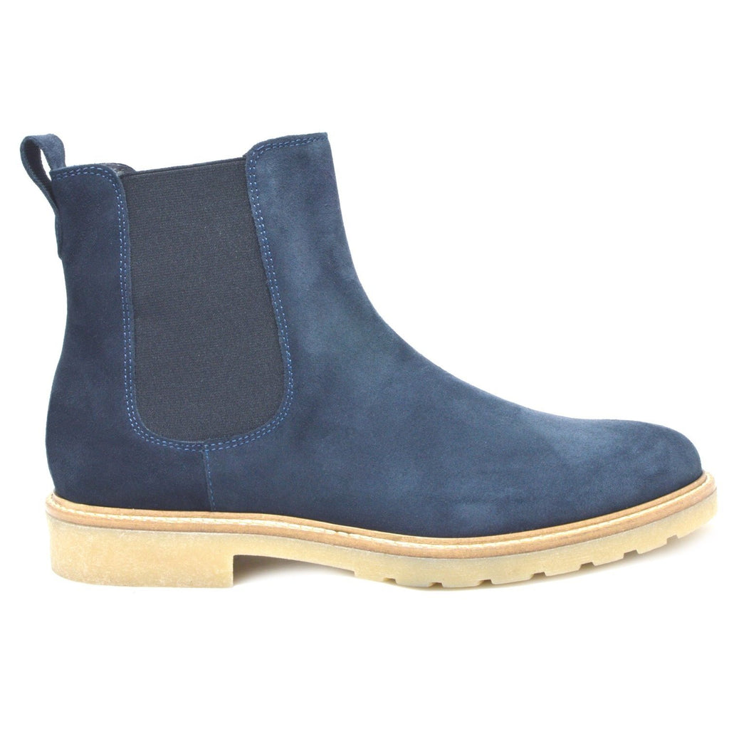 Siena, Italian Navy Suede Chelsea Boots with creme crepe rubber sole.
