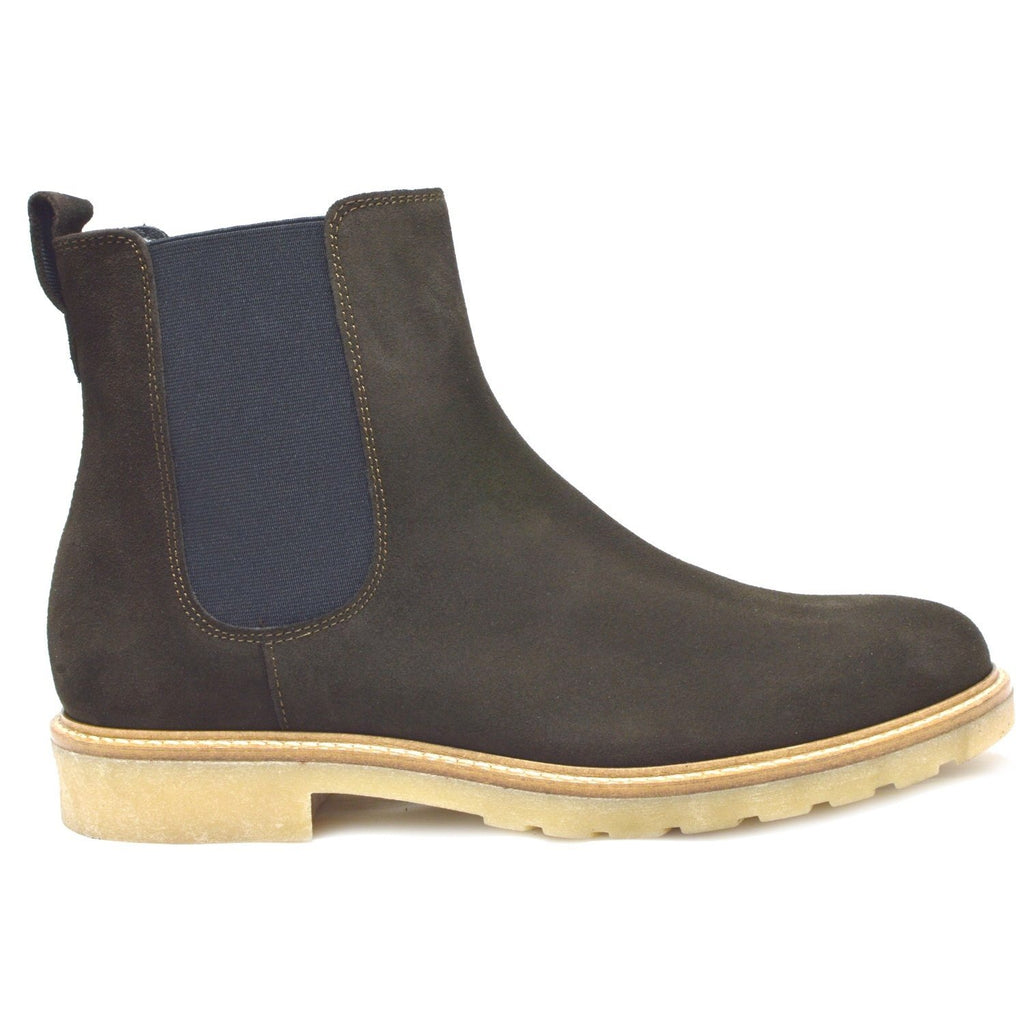 Siena, Italian Brown Suede Chelsea Boots with creme crepe rubber sole.