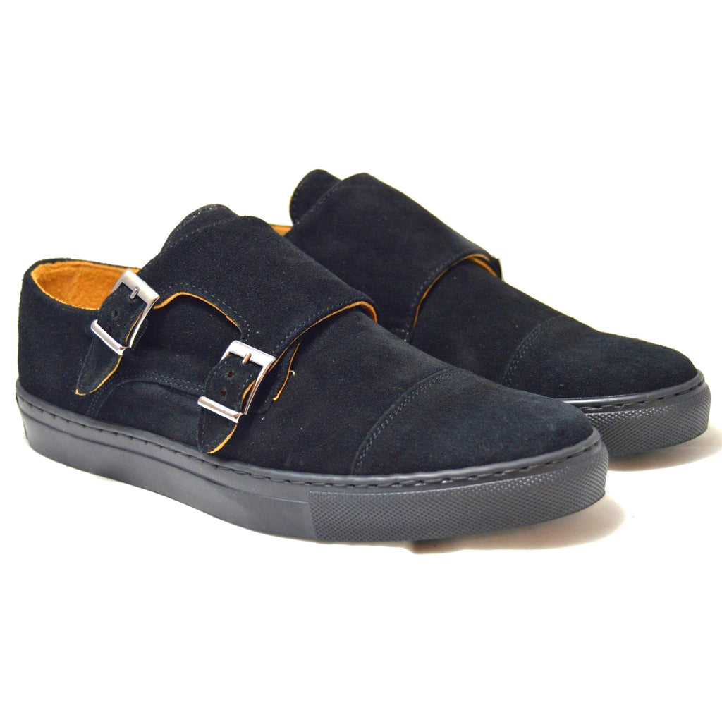 Italian black suede double monk straps with black rubber sole