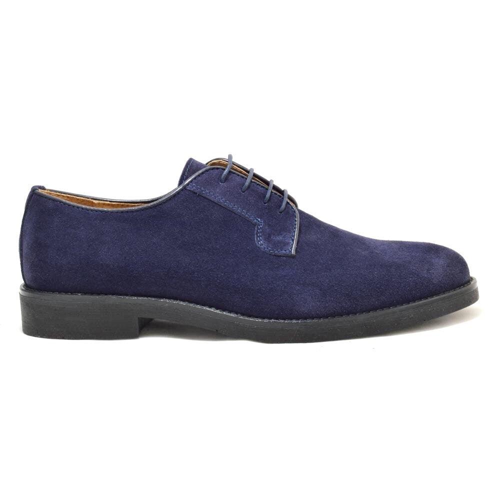 Italy Derby Shoes in navy suede with a black rubber sole, Piacenza